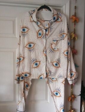 Eye Print Pajama Set - White with Blue & Gold Eyes